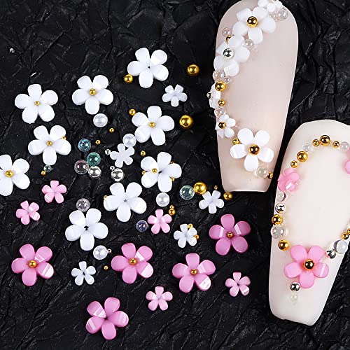 3D Flower Nail Charms, 6Colors 3D Acrylic Flower Nail Rhinestones With Gold Silver Pearl Caviar Beads Spring Flores Nail Art Design For Diy Decoration #TOP2
