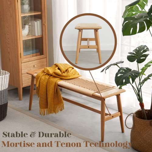 Hymus 32" L 100% Fas Oak Wooden Bench Indoor - Solid Wood Rope Woven Entryway Bench, Dining Bench, Boho Furniture For Entryway, Dining Room, Bedroom, Kitchen (Natural) #TOP5