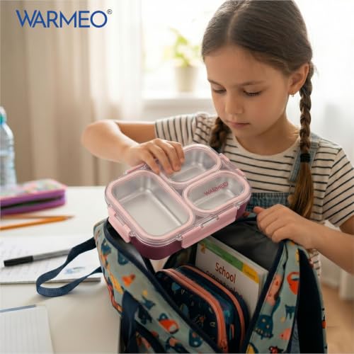Image of WARMEO BENTO Microwave-Safe Stainless Steel Lunchbox with 3 compartments,bpa Free,Perfect for Office, School, Travelling, 750ml-Pink