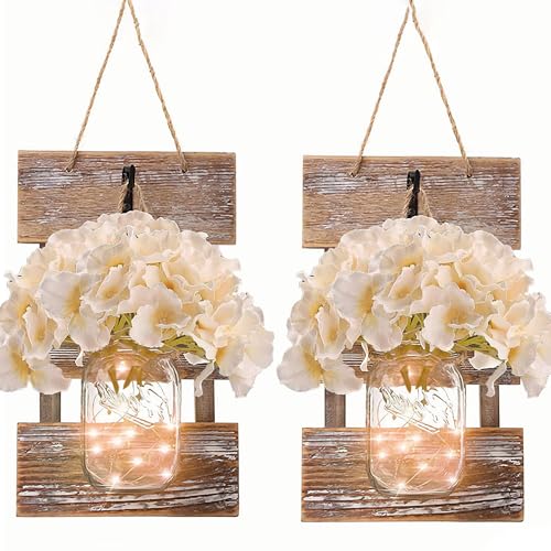 Image of Wall Sconce Decor 2pcs, Mason Jar Wall Sconce Farmhouse Home Decor with 9.8FT LED Fairy Lights 4Flowers, Modern Art Living Room Bedroom Bathroom Decorative Hanging Yellow