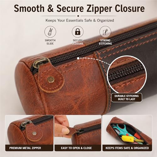 Image of Genuine Leather Pencil Pouch, Handcrafted Zipper Organizer Case with Wrist Strap, Durable Multi-Purpose Storage for Stationery, Travel & Accessories, 8 x 2.5- Tan