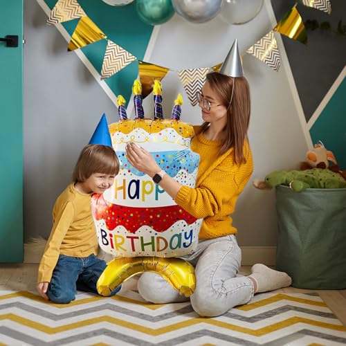 Image of 2pcs 39 inch Happy Birthday Cake Foil Balloons, Giant Self-Standing Three Layer Birthday Balloons for Girls Boys Kids Baby Shower Birthday Party Supplies
