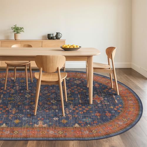 Hazo Haus Modern Oval Area Rug 6x9 for Dining Room, Living Room, Low Pile Non-Slip Washable Rugs for Bedroom, Navy Blue & Terracotta Vintage Boho Eclectic Home Décor