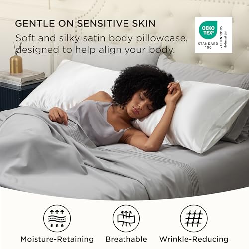 Image of Bedsure Satin Body Pillow Pillowcase - Similar to Silk White Body Pillow Cover Case with Envelope Closure,Cooling and Silky Long Pillowcase for Hair and Skin,20x54 Inches