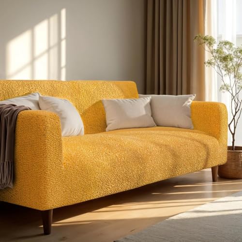 Image of Bellissima Sofa Covers - Premium Luxury Microfibra Plain Stretchable Sofa Cover Fully Covered Slipcover, Imported from Italy (OCHER, 2 Seater-US)