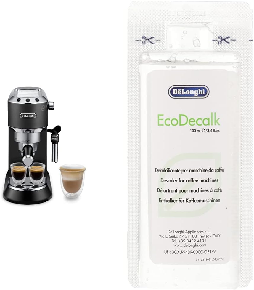 DeLonghi Dedica EC685.BK Macchina da Caffe Espresso Manuale e Cappuccino, Caffe in Polvere o in Cialde E.S.E, 1350 W, Nero DLS003 Decalcificante DeLonghi Dedica EC685.BK Macchina da Caffe Espresso Manuale e Cappuccino, Caffe in Polvere o in Cialde E.S.E, 1350 W, Nero DLS003 Decalcificante