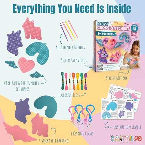 Image of Unicorn Cross Stitch Kit for Kids Ages 6-12 - 4 Felt Beginner Projects