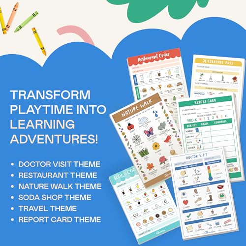 Image of Tiny Expressions Pretend Play Notepads - 6-Pack Kids Play Pads - 40 Pages Each of Restaurant, Doctor, Boarding Pass, Report Card, Nature Walk & Soda Shop for Imaginative Role Play