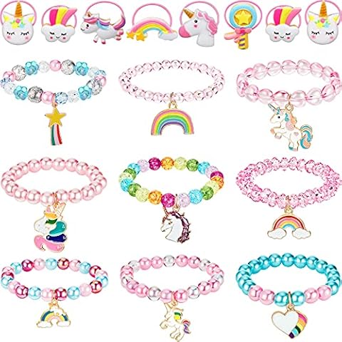 Chuangdi 17 Stück Bunt Einhorn Armbänder und Einhorn Haargummi Set Mädchen Rosa Perlen Armband Regenbogen Einhorn Perlen Armband Einhorn Geschenke für Mädchen Geburtstag Schmuck Cover