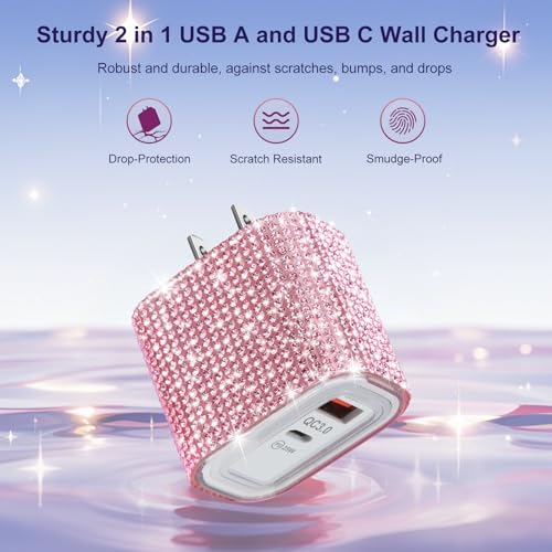 Image of Aolcev for iPhone Charger Fast Charging Bling 2 in 1 USB C Charger Block | Type C Fast Charging Blocks 25W Bling USB A USB C Adapter for iPhone 17 16 15 14 13 iPad Galaxy S26 S25 Rhinestones Pink