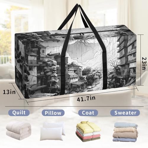 Modern City Extra Large Moving Bags Heavy Duty Storage Bags Graffiti City Cloth Wrap Around Handles Double Zipper Reusable Convenient Foldable Storage Tote for Travel Camping Space Save2