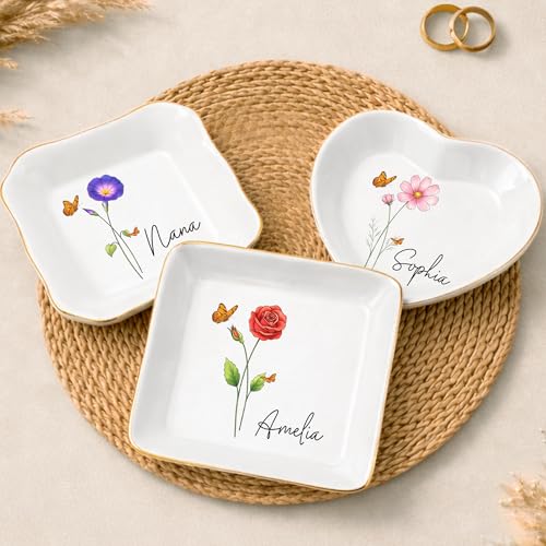 Personalized Birth Month Flower Trinket Tray for Women, Custom Jewelry