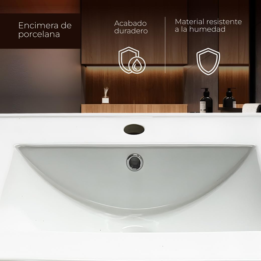 Juego Mueble Baño con Lavabo. Mueble Lavabo 60 cm. Mueble Bajo Lavabo Compacto Preinstalado de Fábrica. Mueble Baño con Lavabo 60 cm con Pie de Porcelana. No Incluye Espejo.