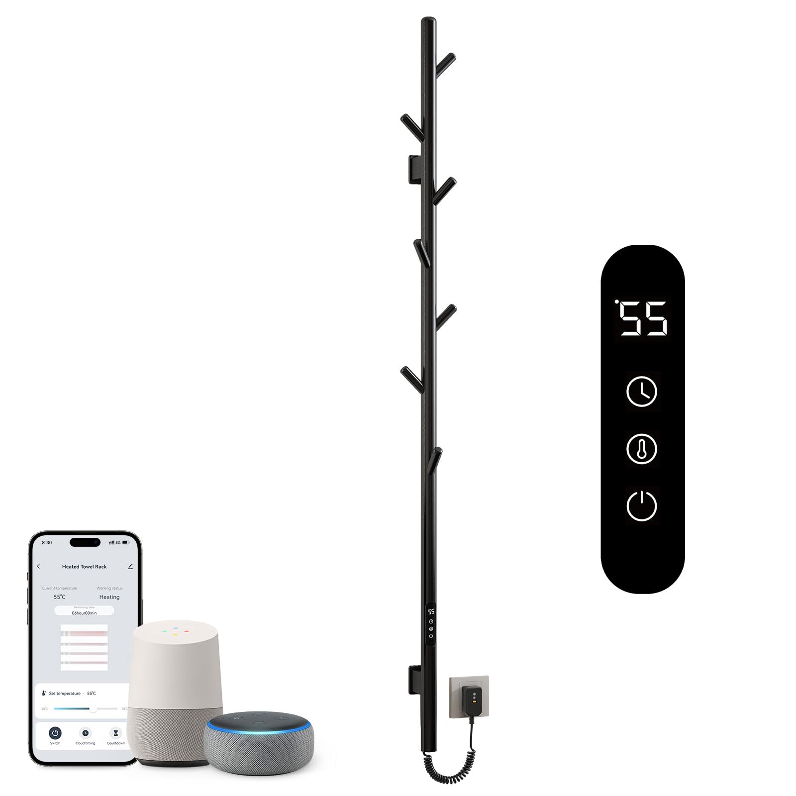 Termoarredo Elettrico, Scaldasalviette Elettrico WiFi Nero, 95W, 1500x125mm, Termosifone da Parete, per Alexa e Google Home e App, Risparmio Energetico, Impermeabile IPX5-G03 WiFi Black