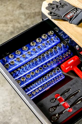 Image of ARES 60036-3-Piece Set Metric Magnetic Socket Organizer - Blue - Includes 1 /4 in, 3 /8 in, 1 /2 in Socket Holders - 75 Pieces of Standard (Shallow) and Deep Sockets - Keeps Your Tool Box Organized