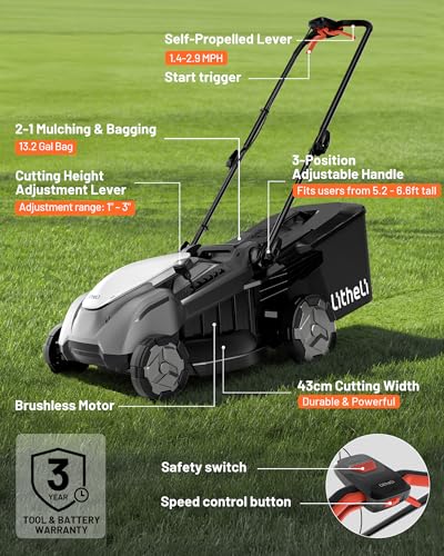Image of Litheli 18-inch 40V Self-Propelled Brushless Lawn Mower for Garden Yards, Lightweight Cordless Mower with 6-Position Height Adjustment, 2x5.0Ah Batteries Included