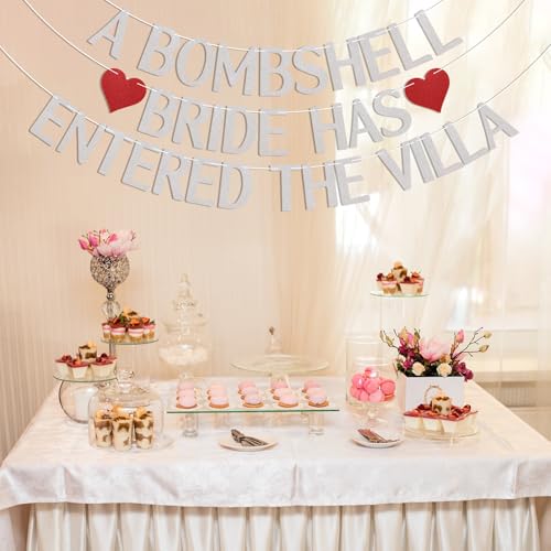 Image of A Bombshell Bride Has Entered The Villa Banner, Bombshell Villa Bridesmaid Party Decor, Island Beach Bachelorette Party Decorations Silver