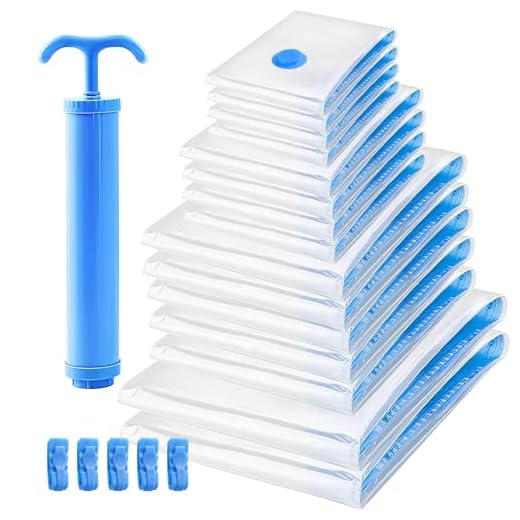 PRIME PICK Vacuum Storage Bags with Hand Pump 15-Pack (4 Medium 4 Large, 5 Jumbo, 2 X-Jumbo Durable Plastic Space-Saving Compression Bags for Clothes Bedding, Travel Protects from Dust, Moisture Odors