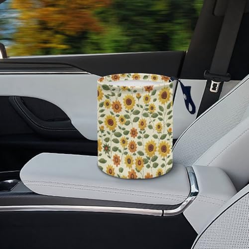 Image of Sunflower Print Car Trash Can Portable Collapsible Back Seat, Front Seat, Floor, or Hanging Headrest Waste Basket Car Accessories Interior for Women