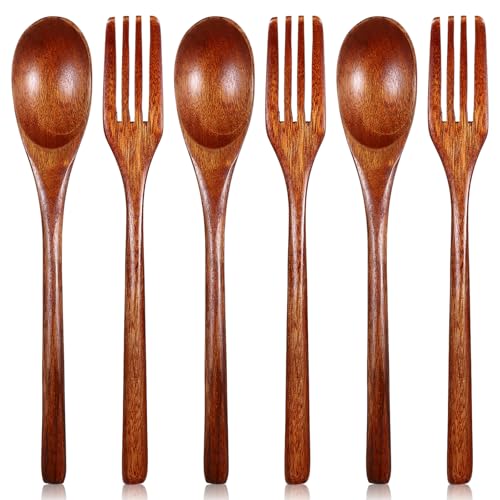 6 Pcs Wooden Spoon and Fork for Eating Utensil Set Tableware Cutlery Set