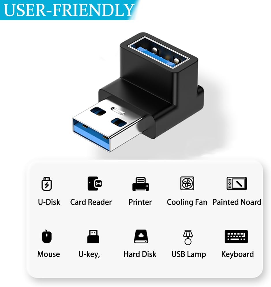 4 Pack 10Gbps USB 3.0 Male to Female Adapter 90 Degree Right Angle USB Cable Extension Connector 4 Types Support 3A Charging Speed