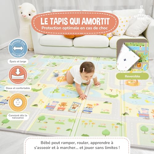 Superbe Bebe Tapis D'éveil Bébé Enfant Pliable Epais Réversible 150x180x1cm XXL - Tapis De Jeu De Sol et De Motricité en Mousse Favorisant Le Développement Sensoriel - Cadeau Naissance Road – vue 2