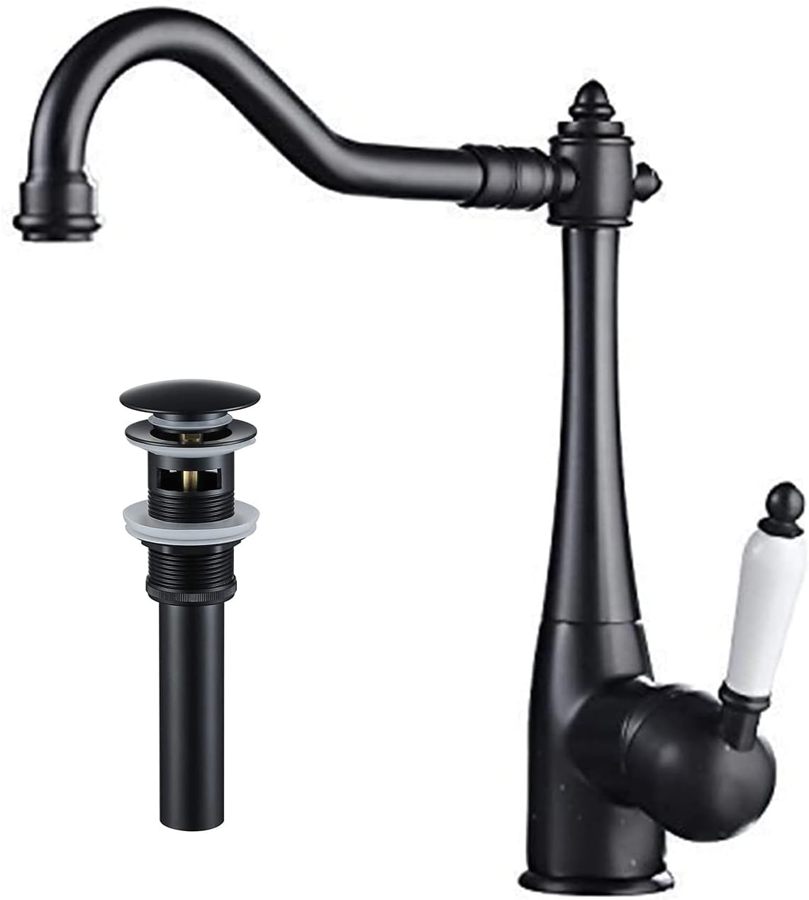 Kitchen Faucet Black Traditional Period Single Ceramic Lever with Bathroom Sink Drain Stopper Solid Brass Pop up Drain with Overflow