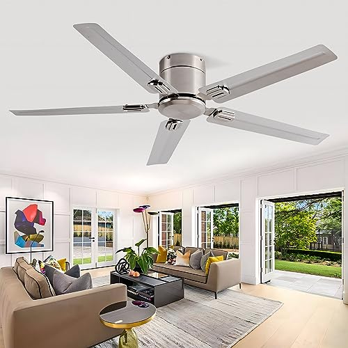 52'' Stainless Steel Ceiling Fans, 5 Blades, Remote Control, Low Profile Ceiling Fan, for Patio, Living Room, Bedroom, Office, Indoor, Outdoor