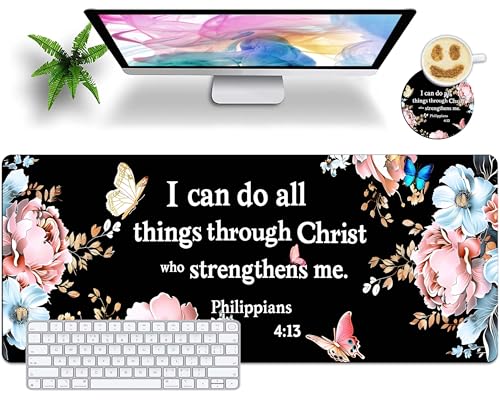 Extended Mouse Pad with Coaster 31.5 x 11.8 Desk Pad Full Desk Mousepad Stitched Edges Desk Mat Long Large Gaming Mouse Pad for Desk Office Home Bible Butterflies
