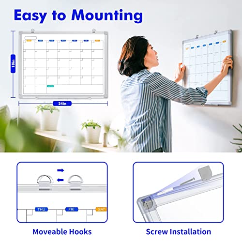 Monthly Dry Erase Calendar Whiteboard For Wall, 24" X 18" Magnetic White Board Calendar Dry Erase, Wall Hanging Aluminum Frame Calendar Board With Tray For Home, School, Office​ (Silver Frame) #TOP2