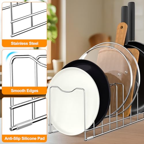 Image of FLSEPAMB Stainless Steel, Alloy Steel Lid Organizer Pot Lid Organizer 10-Tier Pot Lid Rack Holder Suitable for Bakeware Dish Plate, Cutting Boards, Pots & Pans (1 Pack), Free Standing, Tiered Shelf