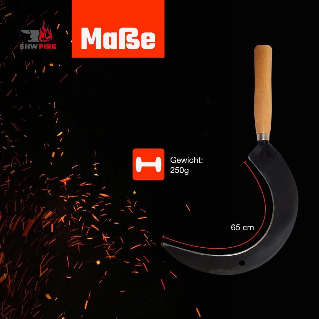 SHW-FIRE Blattsichel für den Garten mit Holzgriff - Handgeschmiedete Rund-Sichel für Handsichelarbeiten - inkl. Schneideschutz - Made in Germany