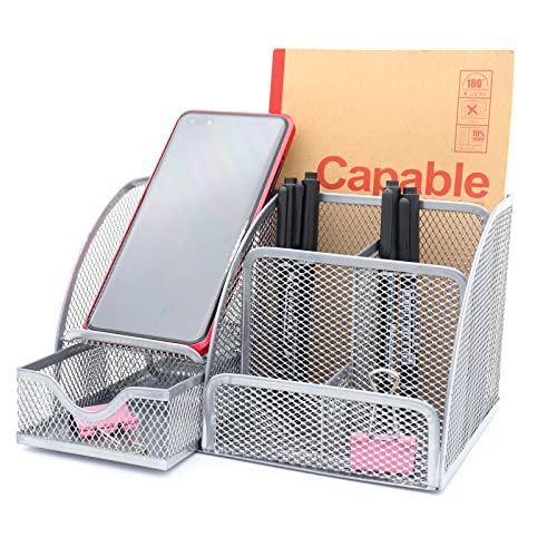 ZDZBLX Schreibtisch Organizer, Stiftehalter Schreibtisch Mesh Metall Multifunktional Stifthalter Bürobedarf Büro Organizer Stifte Organizer Stiftebox mit Schubladen für Büro Schule Zuhause (Silber)