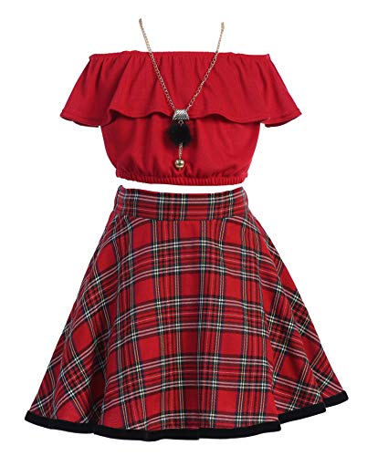 Image of Cold Shoulder Crop Top Ruffle Layered Top Flower Girl Skirt Sets for Girl