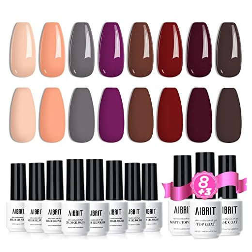 AIBRIT Gel Nail Polish 11Pack, 8 Colors Gel Polish and 3Pcs Base Coat, No Wipe Glossy Shiny & Matte Top Coat, Soak-off Curing Nail Polish for Women, All-Season Manicure Nail Art at Home,Purple, Vintage Red, Dark Brown, Gray, Nude, 0.28fl oz