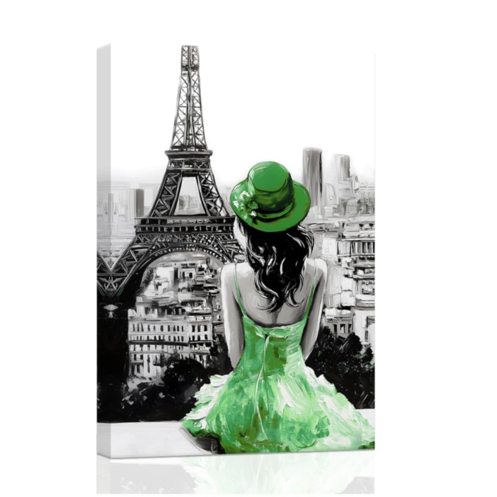 ZXHYWYM Eiffel Tower Wall Art Paris Canvas Prints Girls Room Wall Decor Black and White Painting Women Pictures for Bedroom Girly Apartment Dorm Decor Framed (Green, (30.00 x 45.00 cms))