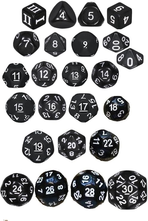 Black - 24 Unusual Dice Set - D3, D4, D5, D6, D7, D8, D9, D10, D%10, D11, D12, D13, D14, D15, D16, D17, D18, D19, D20, D22, D24, D26, D28 & D30