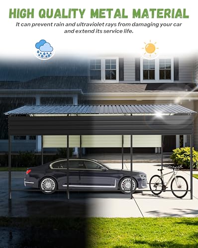Image of Greesum 10x15FT Metal Carport with Heavy Duty Frame and Galvanized Steel Roof, Vertical Carports with Side Support Rods, Canopy Shelter for Car, Pickup Trucks, Party, Boats, Gray