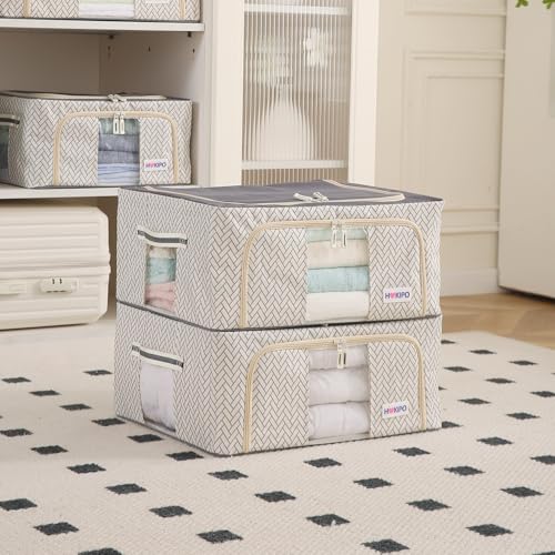 Image of HOKIPO Almirah Organizer Living Boxes | Cloth Storage Box with Top & Front Zipper | Moisture & Moth Resistant | Strong Metal Frame (Oxford Fabric) |44L, Pack of 2 Cream Mist (AR-5928-OWHT*2)