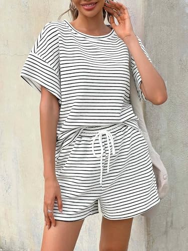 Image of Tankaneo Womens Pajama Sets Striped 2 Piece Lounge Sets Short Sleeve Oversized T Shirts Drawstring Shorts Matching Set