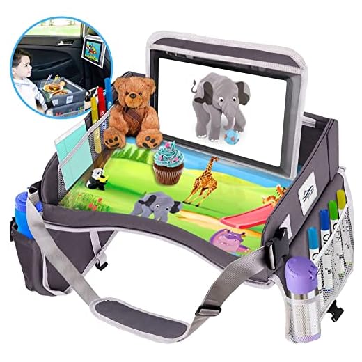 CERIZONA Portable Kids Travel Tray - Multi-Pocket Car Seat Tray for Toddlers -Waterproof Activity Tray Pad with Hands-Free Tablet Pocket (Grey)