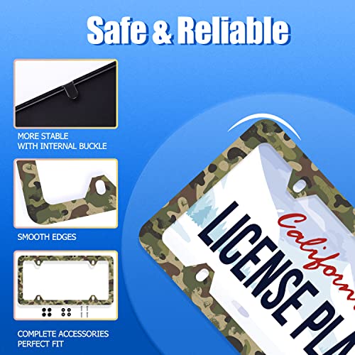 Camouflage License Plate Frame Green Camo License Plate Cover Stainless Steel Car Accessory Rustproof Personalize Funny License Plate Holes Screws Decorative 12.3" X 6.3" Women Men Youth Gifts #TOP1