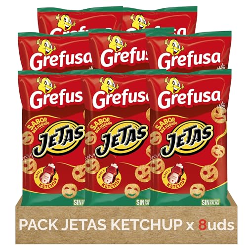 Jetas Snack de Patata con Sabor Ketchup – Pack de 8 Bolsas de 70g – Aperitivo Crujiente con Forma de Caritas – Divertido y Sabroso para Compartir