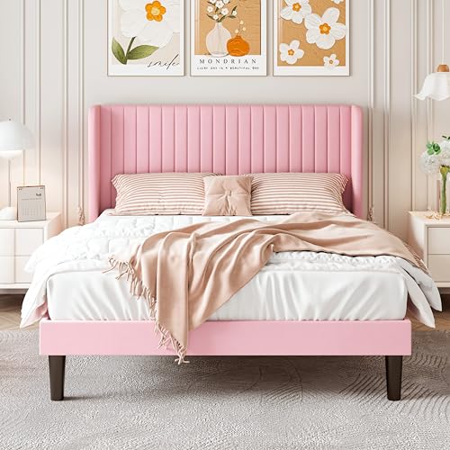 Image of SHA CERLIN Full Size Velvet Bed Frame, Tufted Wingback Headboard, Pink | 47'' Modern Vertical Channel Headboard, Upholstered Platform Bed, Wood Slats, No Box Spring Needed, Easy Assembly, Noise Free