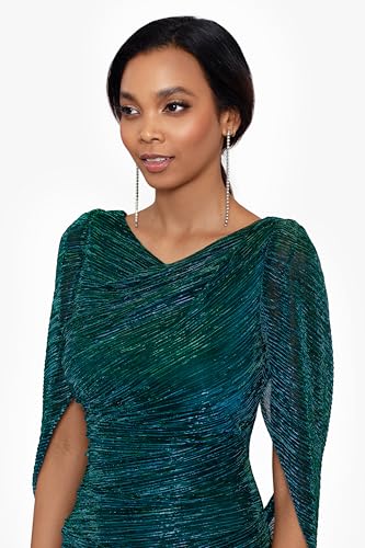 Image of Betsy & Adam Women's Long Stretchy Metallic 3 /4 Sleeve Cowl Neck Drape Back Formal Dress