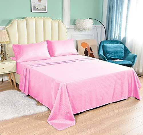 JÁCLER Full 4 Piece Sheet Set- Microfiber Bedding - Bed Sheets - Extra Soft - Easy Fit - Breathable & Cooling Sheets - Comfy, Wrinkle, Fade - Stain Resistant– Stripe Light Pink