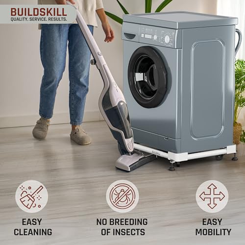Image of Buildskill Washing Machine Stand /Trolley, Fridge Stand, Dishwasher Stand, Top & Front Load Washing Machine Stand, Supports upto 160KG, Reduces Vibration, Adjustable Mechanism with Locks (White)