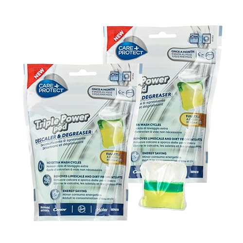 CARE+PROTECT Détartrant et Dégraissant en Capsules Triple Action pour Lave-Linge - Lave-Vaisselle - s'Utilise Pendant le Cycle Normal - Nettoyant Permettant des Economies d'Energie - 12 Capsules