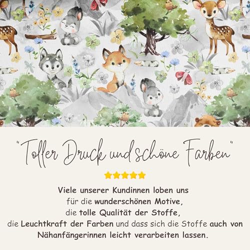 50x160cm Jersey Stoff mit Tiere - Kinderstoffe mit Waldtiere - Stoffe zum Nähen für Kinder & Baby - Mädchen Stoff aus 92% Baumwolle - Fuchs Hase Reh Wolf - keine Meterware - Miniliebe Kinderstoff