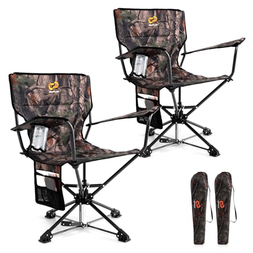 Goplus Swivel Camping Chair, 2 Pack Portable Hunting Chair for Adults w/Cup Holder & Carrying Bag, Folding 360-degree Free Rotation Lawn Chair for Fishing Picnic Hiking Outdoor